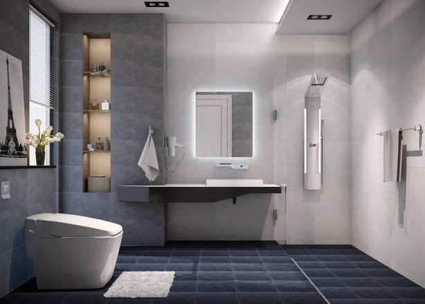 Phòng tắm với gương và lavabo